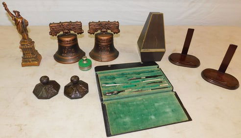 Lot of Iron Paperweights, Bookends, Statue, Partial Drafting Set, & Metronome