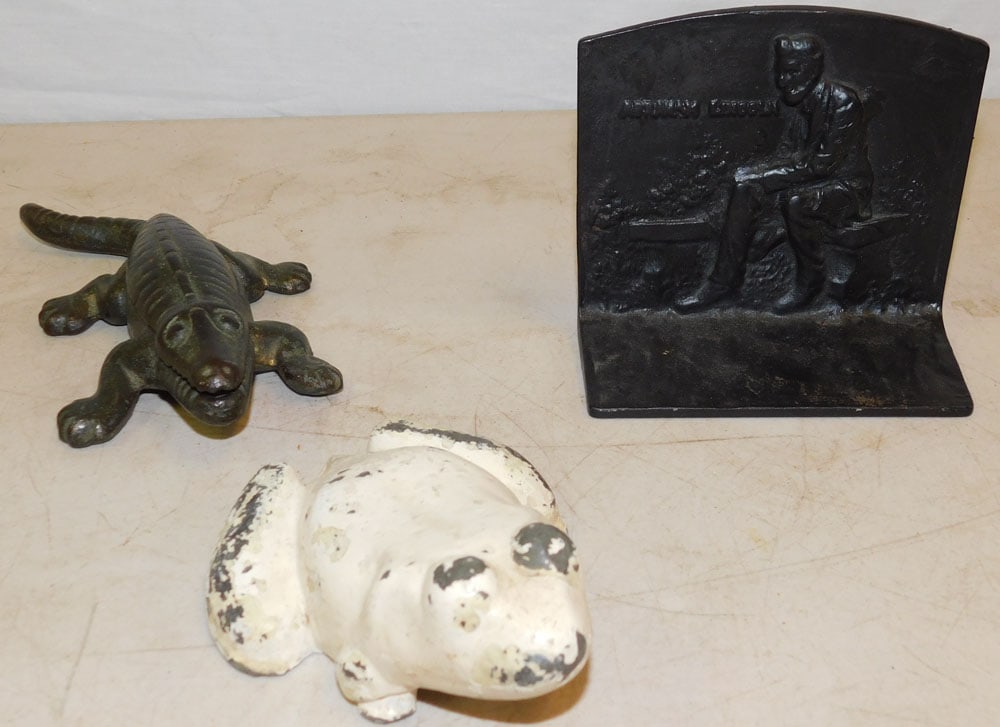 Lot of Cast Iron Bookends, Alligator Covered Box, & Lead Frog Door Stop (1 of 4)