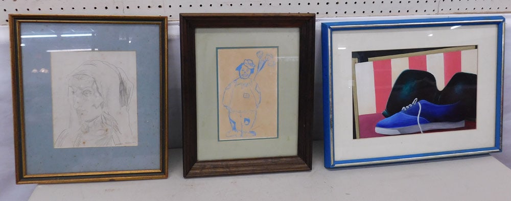 2 Framed Drawings & 1 Framed Mid Century Oil on Board (1 of 4)