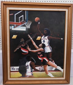 Framed Oil on Board Playing Basketball