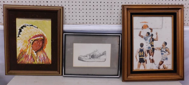 Drawing of Nike Shoe Dated 83, Native American Oil on Board, & Framed Watercolor of Playing