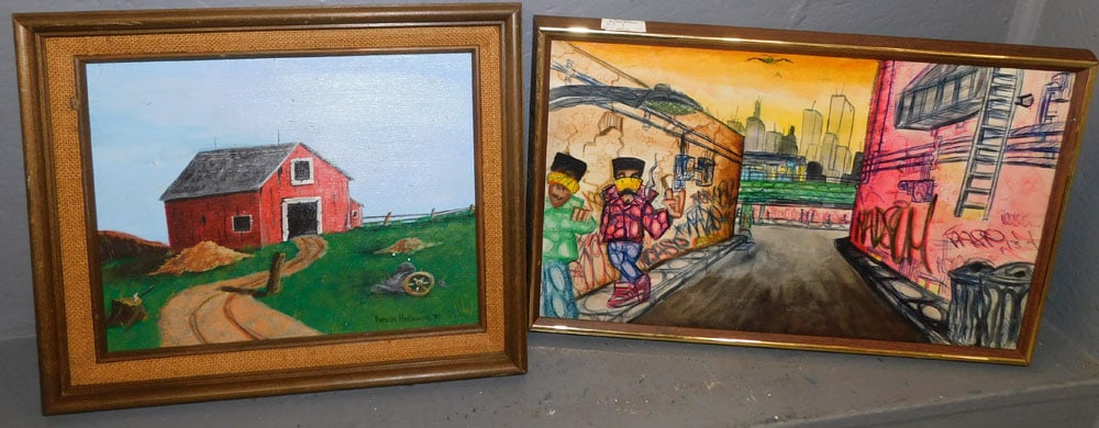Framed Drawing Street Scene & Framed Oil on Board of a Barn (1 of 3)