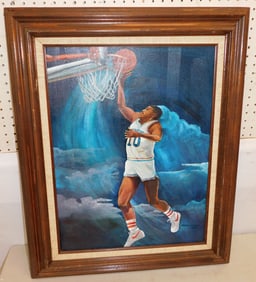 Framed Oil on Canvas Playing Basketball Signed