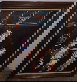 Framed Oil on Board Playing Basketball Signed