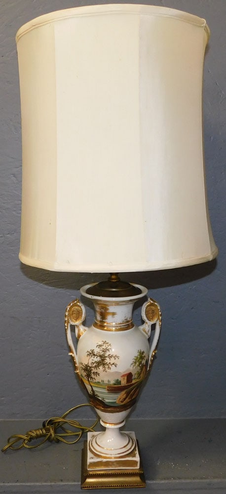 Antique Hand Painted Old Paris Urn Made Into Lamp, (Restored): Antique Hand Painted Old Paris Urn Made Into Lamp, (Restored). 32" H ALL DESCRIPTIONS AND ANY CONDITION STATEMENT GIVEN BY LANGSTON AUCTION GALLERY ARE STRICTLY OPINIONS AND LANGSTON'S SHALL HAVE NO R