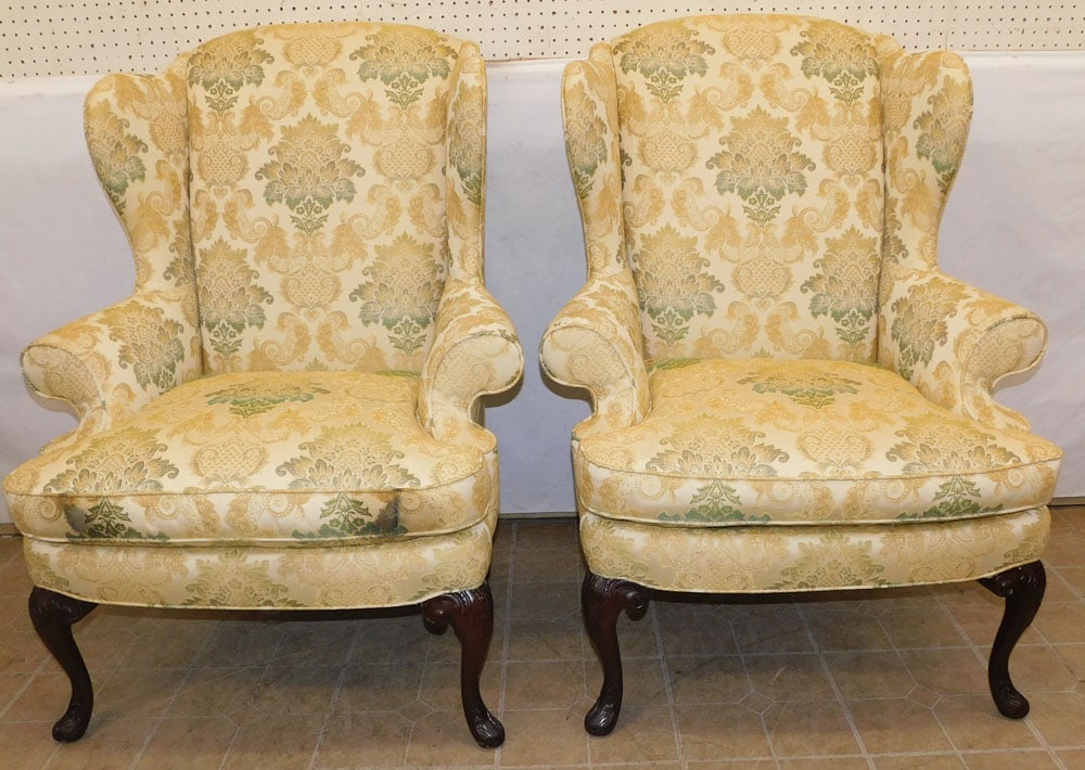 Pair of Carved Mahogany & Upholstered Wing Back Chairs by Sherrill Company, (Hickory, NC) (1 of 6)