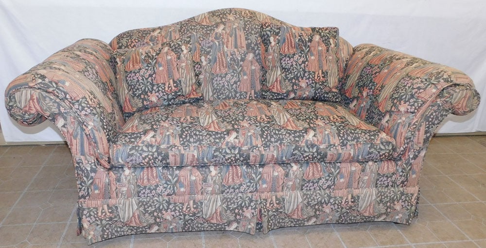 Tapestry Upholstered Loveseat: Tapestry Upholstered Loveseat. 77" L 35" D 36" H ALL DESCRIPTIONS AND ANY CONDITION STATEMENT GIVEN BY LANGSTON AUCTION GALLERY ARE STRICTLY OPINIONS AND LANGSTON'S SHALL HAVE NO RESPONSIBILITY FOR ER