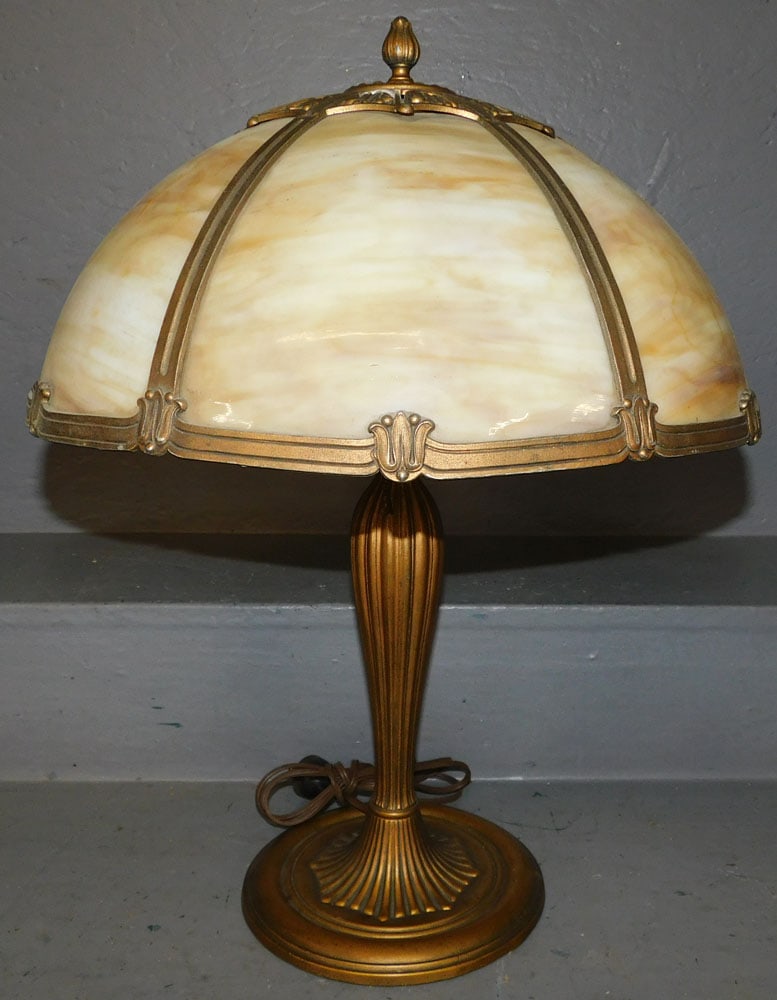 Antique Slag Glass Lamp, (3 Panels Damaged): Antique Slag Glass Lamp, (3 Panels Damaged). 21" H ALL DESCRIPTIONS AND ANY CONDITION STATEMENT GIVEN BY LANGSTON AUCTION GALLERY ARE STRICTLY OPINIONS AND LANGSTON'S SHALL HAVE NO RESPONSIBILITY FOR 