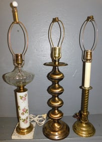 2 Brass & 1 Painted Glass Lamps