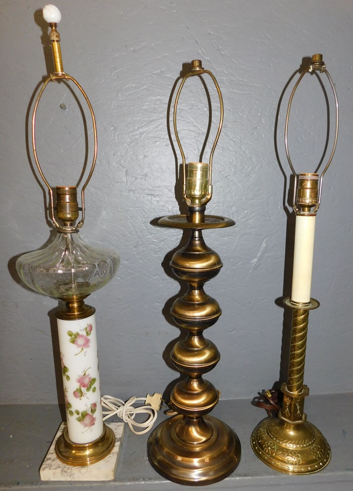 2 Brass & 1 Painted Glass Lamps: 2 Brass & 1 Painted Glass Lamps. Up to: 29 1/2" H ALL DESCRIPTIONS AND ANY CONDITION STATEMENT GIVEN BY LANGSTON AUCTION GALLERY ARE STRICTLY OPINIONS AND LANGSTON'S SHALL HAVE NO RESPONSIBILITY FOR E