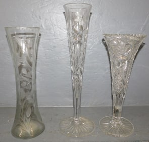 3 Cut Glass Flower Vases