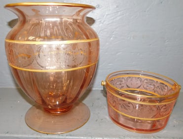 Gold Rim Pink Depression Glass Ice Bucket & Vase