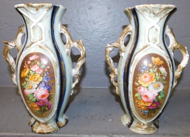 Pair of Antique Hand Painted Porcelain Urns, (1 Restored)