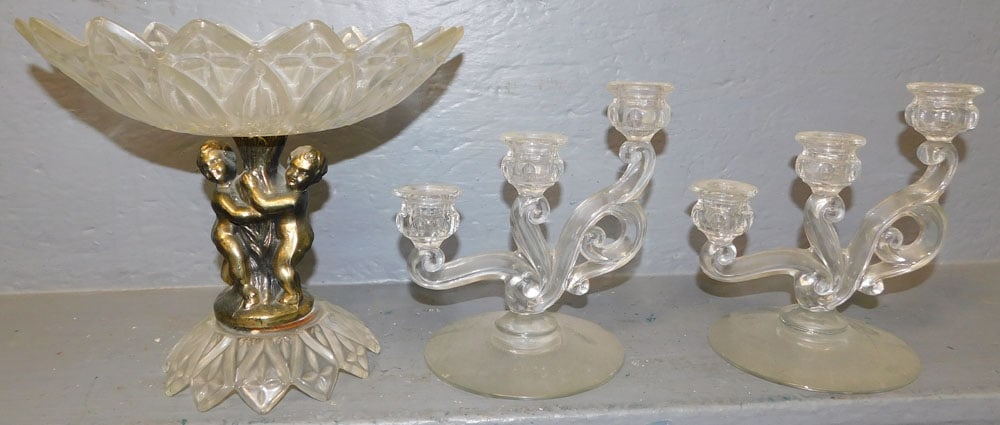 Pair of Glass Candlesticks & Glass Compote: Pair of Glass Candlesticks & Glass Compote. 10" Dia. 9" H ALL DESCRIPTIONS AND ANY CONDITION STATEMENT GIVEN BY LANGSTON AUCTION GALLERY ARE STRICTLY OPINIONS AND LANGSTON'S SHALL HAVE NO RESPONSIBILI