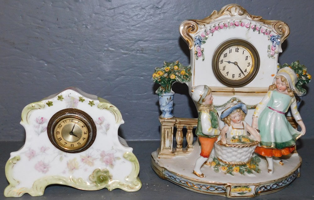 2 Antique Hand Painted Porcelain Shelf Clocks, (Small Restoration) (1 of 4)