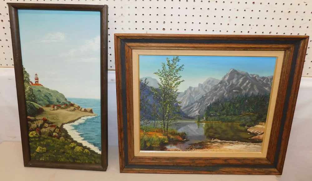 2 Framed Oil on Canvas of a Lighthouse & Lake/Mountain Scene, (Both Signed) (1 of 5)