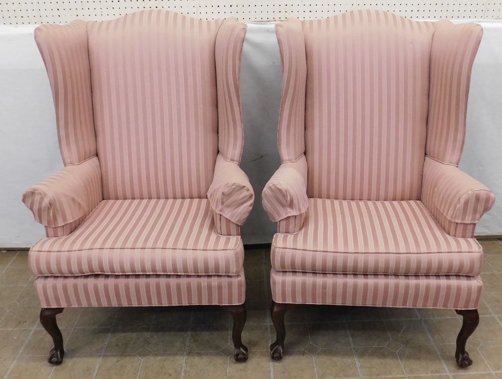 Pair of Cherry Ball & Claw Foot Upholstered Wing Back Chairs (1 of 6)