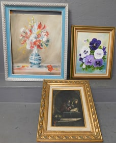 Framed Painted Resin Plaque of an Elderly Man Reading & 2 Oil on Canvas Still Life Signed