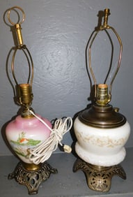 2 Antique Painted Bristol Glass Lamps
