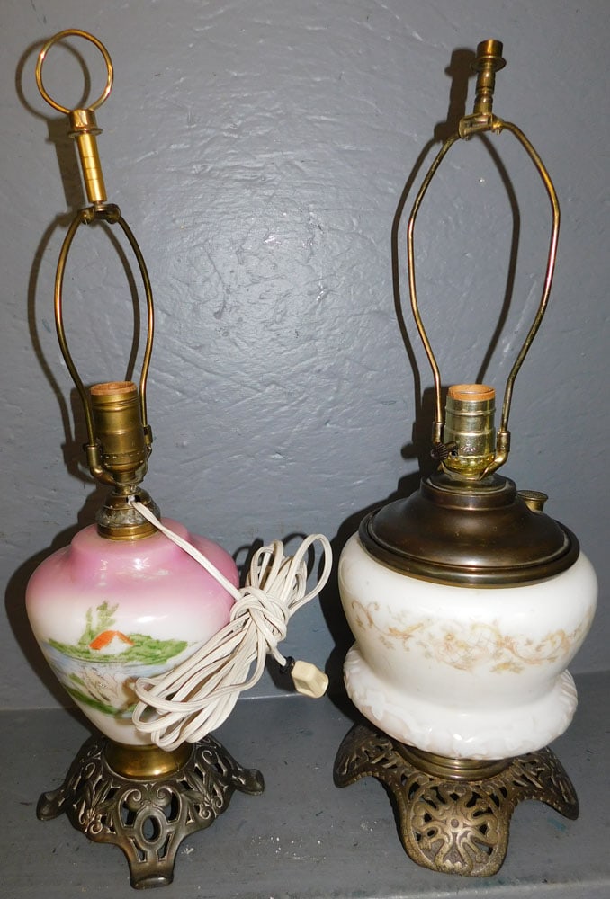 2 Antique Painted Bristol Glass Lamps: 2 Antique Painted Bristol Glass Lamps. Up to: 21" H ALL DESCRIPTIONS AND ANY CONDITION STATEMENT GIVEN BY LANGSTON AUCTION GALLERY ARE STRICTLY OPINIONS AND LANGSTON'S SHALL HAVE NO RESPONSIBILITY FOR