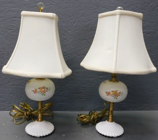 Pair of Hand Painted Porcelain Milk Glass Base Lamps