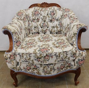 Carved Mahogany Tapestry Upholstered Arm Chair