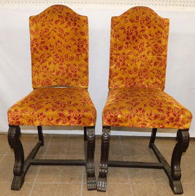 Pair of Antique Carved Walnut & Upholstered Side Chairs