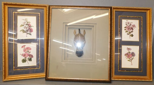 Framed Giraffe Mask, (Glass Cracked) & 2 Framed Prints