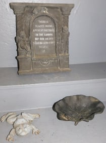 Cast Iron Frog, Water Lily Pad Bowl, & Resin Wall Plaque