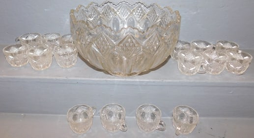 Press Glass Punch Bowl with Cups