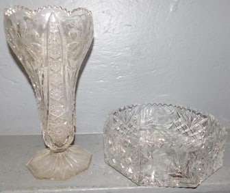 Cut Glass Bowl & Press Glass Flower Vase