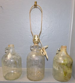 3 Vintage Glass Cider Jugs, (1 Made Into Lamp)