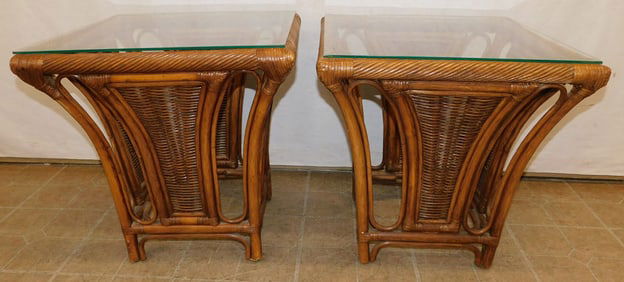 Pair of Ratan Glass Top End Tables