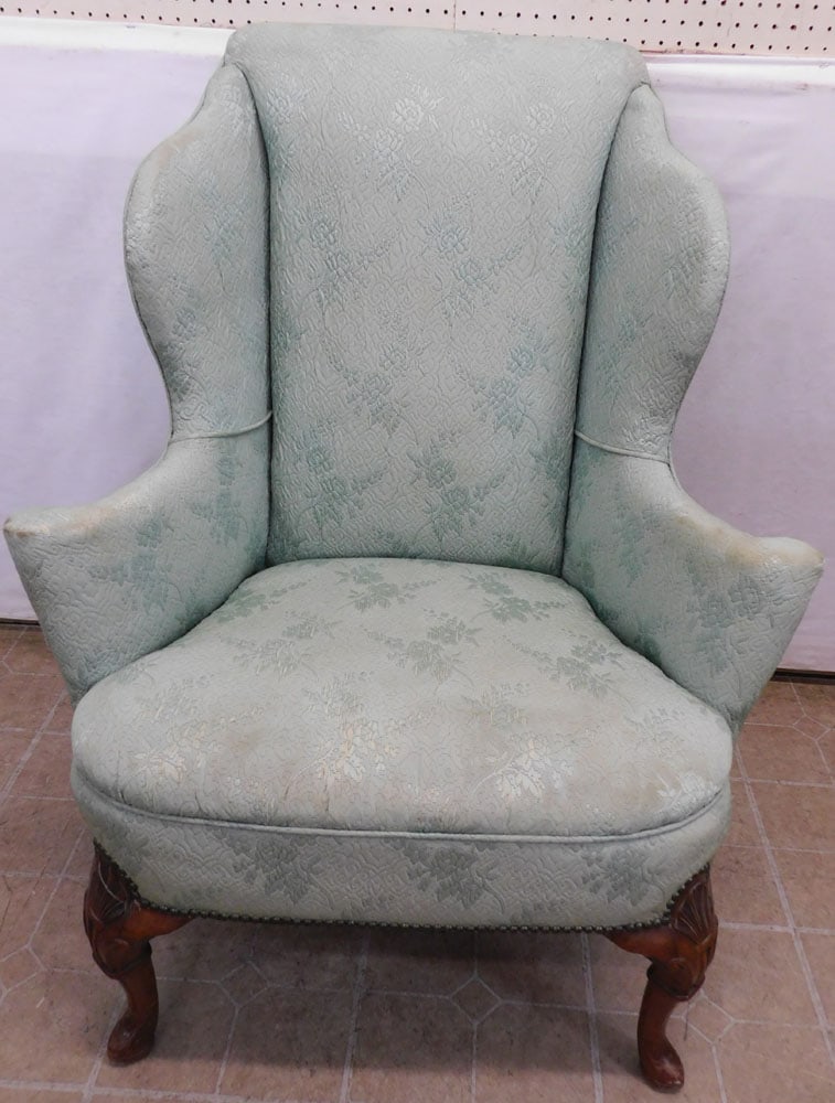 Walnut Queen Anne Style Wing Back Chair: Walnut Queen Anne Style Wing Back Chair. 43 1/4" H ALL DESCRIPTIONS AND ANY CONDITION STATEMENT GIVEN BY LANGSTON AUCTION GALLERY ARE STRICTLY OPINIONS AND LANGSTON'S SHALL HAVE NO RESPONSIBILITY FOR 