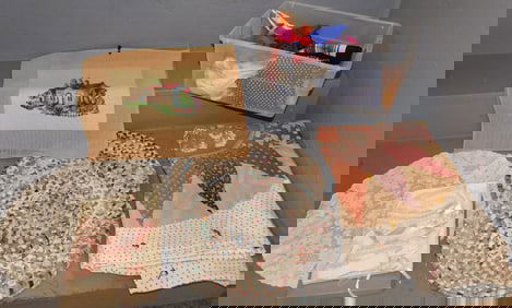 Vintage Needlepoints, Seat Cushions, Baby Crocheted Hat & Booties, Quilt, & Ladies Silk Scarfs