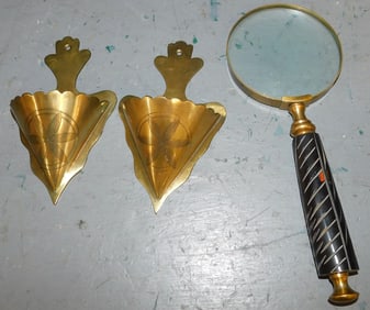 Pair of Brass Wall Pockets & Magnifying Glass