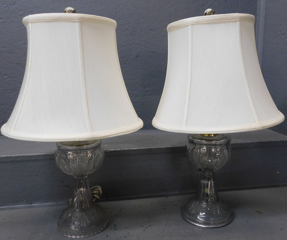 Pair of Antique Electrified Glass Oil Lamps (1 of 3)