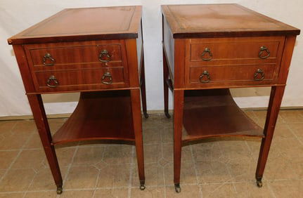 Pair of Mahogany 1 Drawer End Tables with Tooled Leather Tops