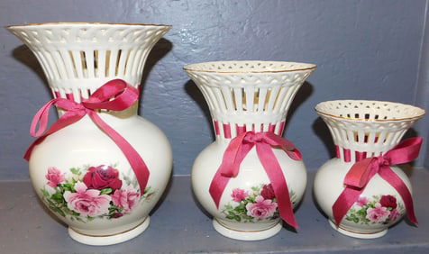 Set of 3 Graduated Hand Painted Open Work Vases