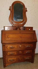Antique Walnut Victorian Slant Front Desk with Mirror