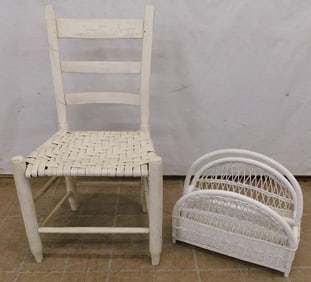 Painted Ladder Back Chair & Wicker Magazine Stand
