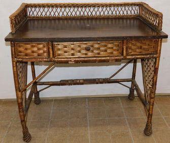 Antique Tiger Oak & Wicker Desk