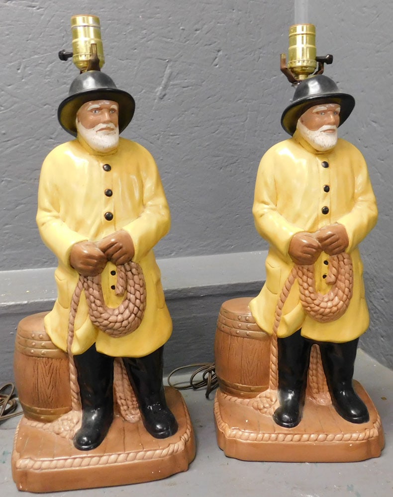 Pair of Painted Ceramic Sailor Figural Lamps (1 of 3)
