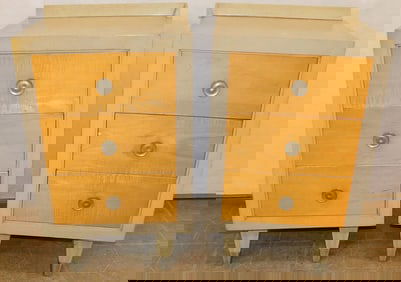 Pair of Mid Century Modern Painted & Tiger Maple 3 Drawer Front Night Stands by Sieling Modern