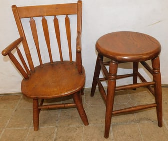Antique Pine Arrowback Child's Arm Chair & Stool