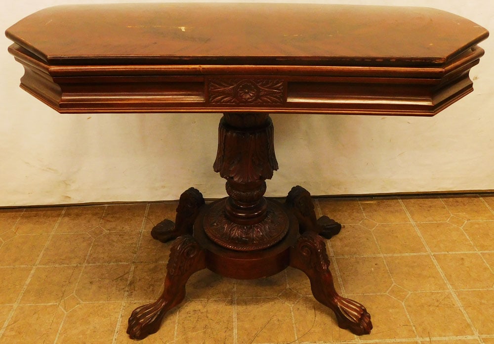 Antique Carved Mahogany Claw Foot Game Table, (As Is) (1 of 7)