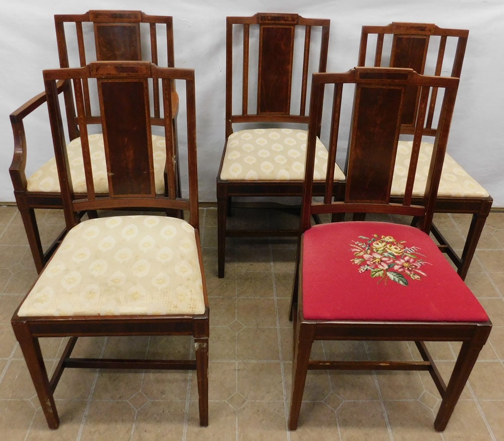 Set of 5 Antique Mahogany Inlaid Dining Chairs (1 of 6)