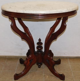 Antique Walnut Victorian Marble Top Oval Lamp Table