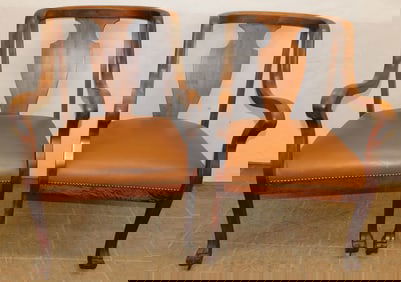 Pair of Antique Mahogany Arm Chairs with Leather Seats