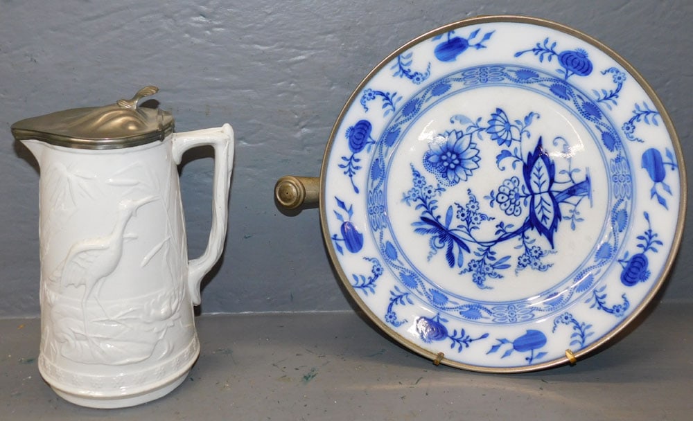 Antique Blue & White Warming Plate & Antique Salt Glaze Pitcher with Pewter Top (1 of 4)
